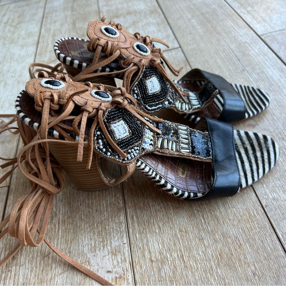 Sam Edelman Sandals Yates Tribal Beaded Wraparound High Heel Black & Soft Saddle - Picture 7 of 16